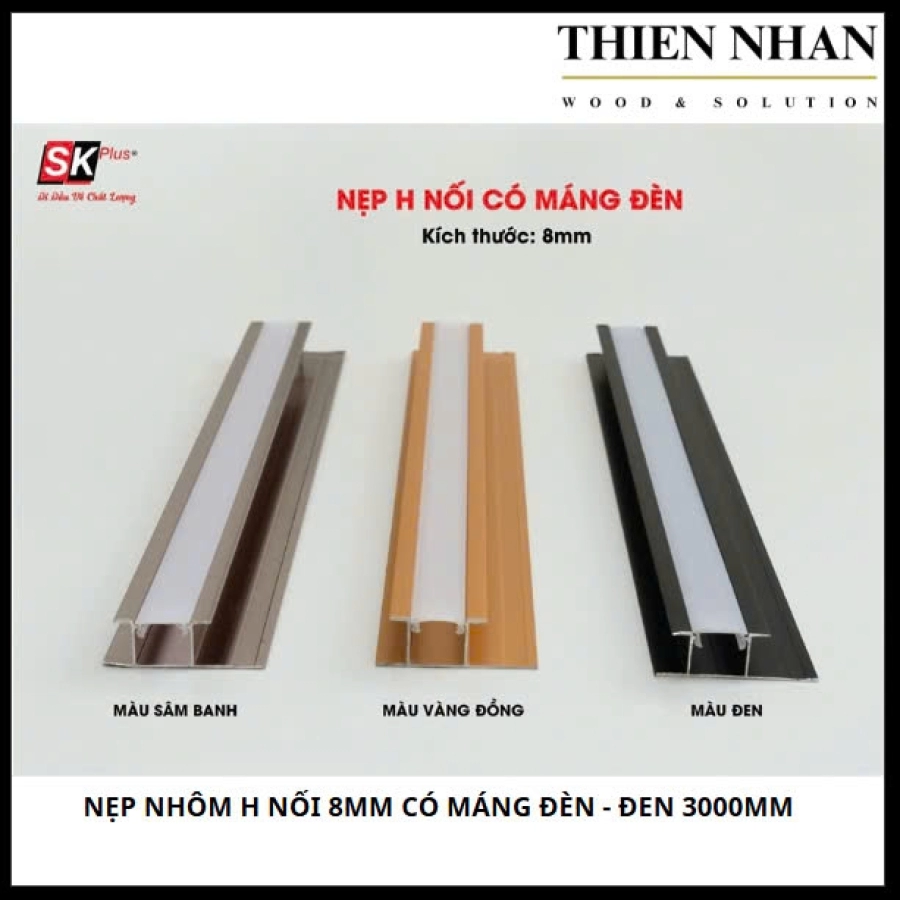 Nẹp Nhôm H Nối 8mm Có Máng Đèn - Đen 3000mm