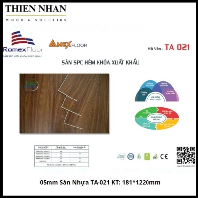 05mm Sàn Nhựa TA-021 KT: 181*1220mm + ĐẾ CAO SU 01mm 2.208m2/Thùng