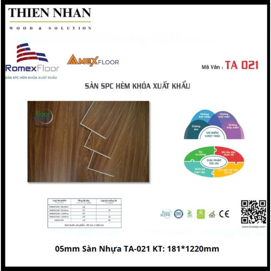 05mm Sàn Nhựa TA-021 KT: 181*1220mm + ĐẾ CAO SU 01mm 2.208m2/Thùng