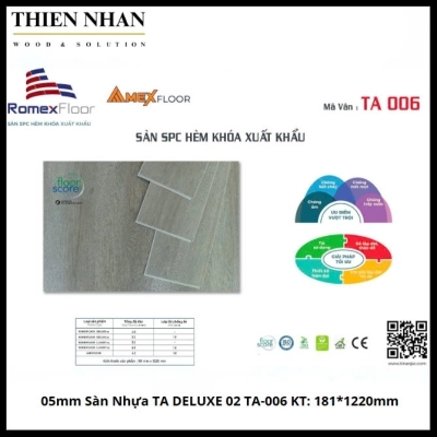 05mm Sàn Nhựa TA DELUXE 02 TA-006 KT: 181*1220mm + ĐẾ CAO SU 01mm 2.208m2/Thùng