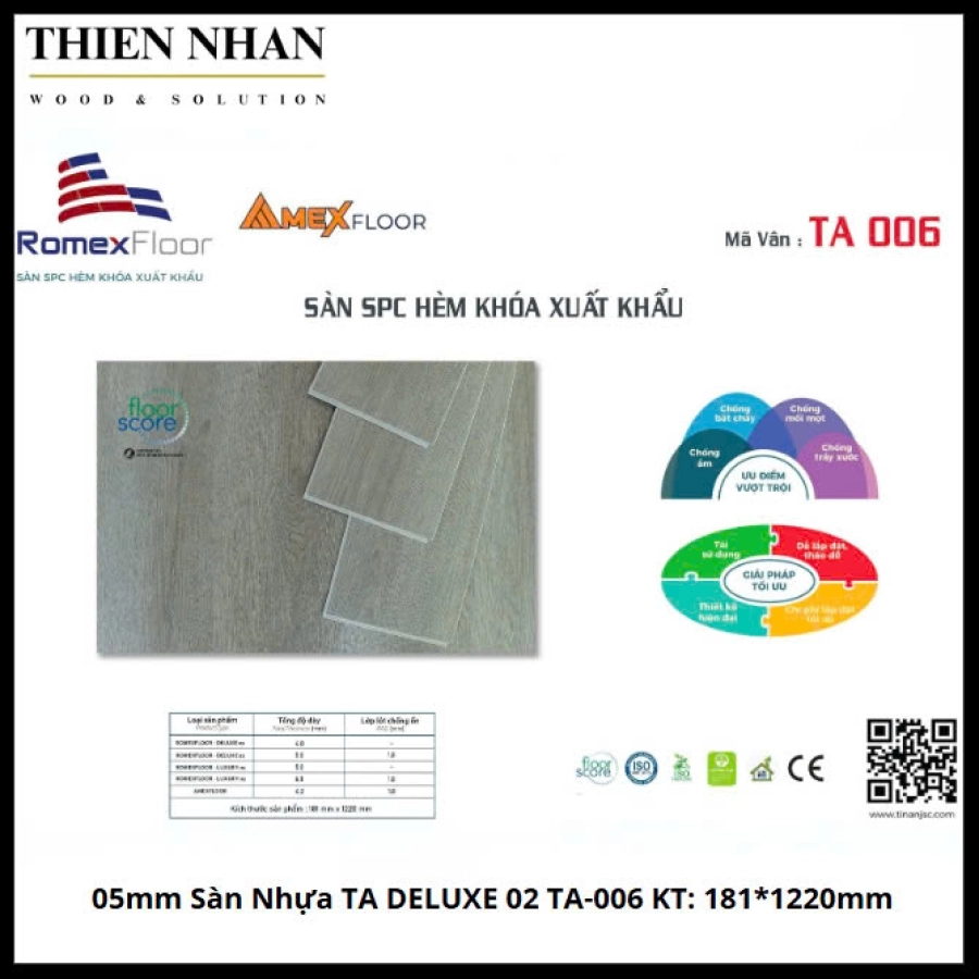 05mm Sàn Nhựa TA DELUXE 02 TA-006 KT: 181*1220mm + ĐẾ CAO SU 01mm 2.208m2/Thùng