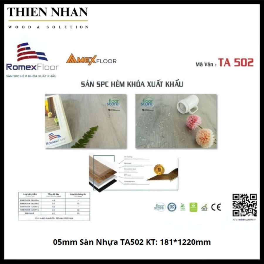 05mm Sàn Nhựa TA502 KT: 181*1220mm + Đế Cao Su 01mm 2.208m2/Thùng/10 Thanh